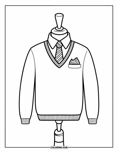Coloriage preppy pour enfants : Un pull avec une cravate rayée est suspendu avec une pochette assortie