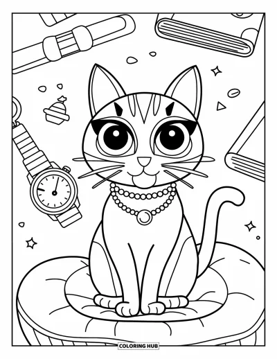 Coloriage preppy pour enfants : Un chat élégant avec un nœud papillon se prélasse sur un coussin moelleux près d’accessoires
