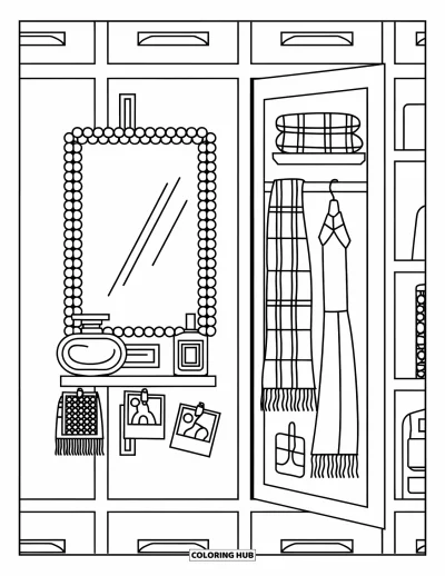 Coloriage preppy pour enfants : Un casier élégant avec des Polaroid, du parfum et des écharpes pliées