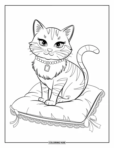 Coloriage preppy pour enfants : Un doux chat avec collier et perles repose sur un coussin bordé de dentelle