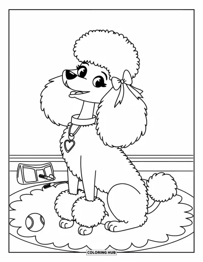 Coloriage preppy pour enfants : Un adorable caniche est assis fièrement sur un tapis, avec un nœud et une trousse de maquillage à côté