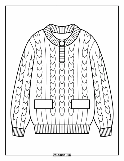 Coloriage preppy pour enfants : Un pull en grosse maille avec de gros boutons est présenté sur un support en bois