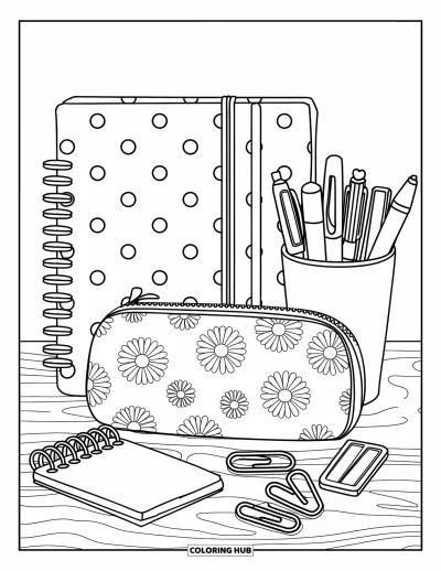 Coloriage preppy pour enfants : Un bureau bien rangé avec un agenda, des pense-bêtes et une trousse fleurie