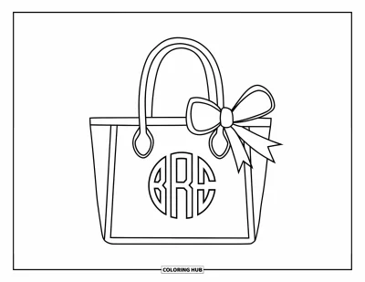 Coloriage preppy pour enfants : Un sac cabas à monogramme avec un grand ruban est prêt pour une sortie