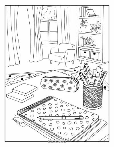 Coloriage preppy pour enfants : Un bureau joliment décoré avec des agendas, des stylos et une bibliothèque à côté