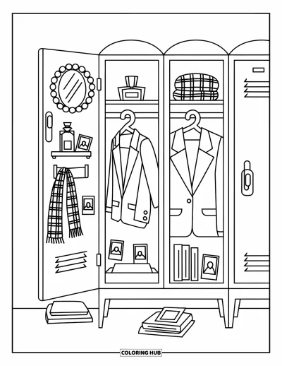 Coloriage preppy pour enfants : Un casier ouvert avec du parfum, des livres et une ambiance preppy soignée