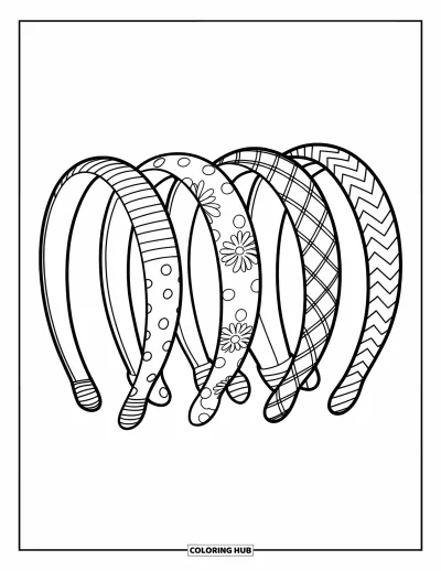 Coloriage preppy pour enfants : De jolis bandeaux à motifs amusants sont rangés avec soin sur un support