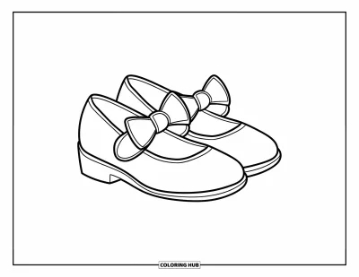 Coloriage preppy pour enfants : Des chaussures Mary Jane avec de grands nœuds reposent délicatement sur le sol