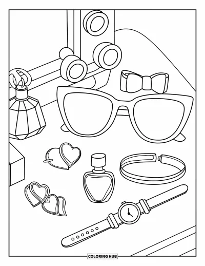 Coloriage preppy pour enfants : Des accessoires preppy élégants sont bien rangés sur une coiffeuse mignonne