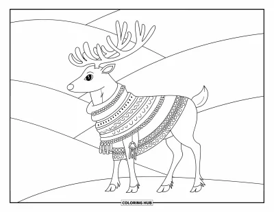 Coloriage de rennes pour adultes : Un renne emmitouflé avec une écharpe à motifs se tient tranquillement sur des collines enneigées
