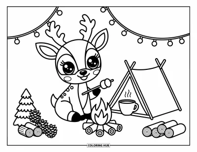 Coloriage de rennes pour adultes : Un renne joyeux déguste des guimauves au coin du feu avec des guirlandes lumineuses et des pommes de pin