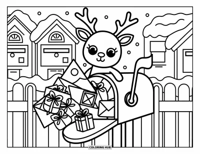Coloriage de rennes pour adultes : Un renne curieux passe la tête d'une boîte aux lettres bien remplie dans une ville hivernale chaleureuse