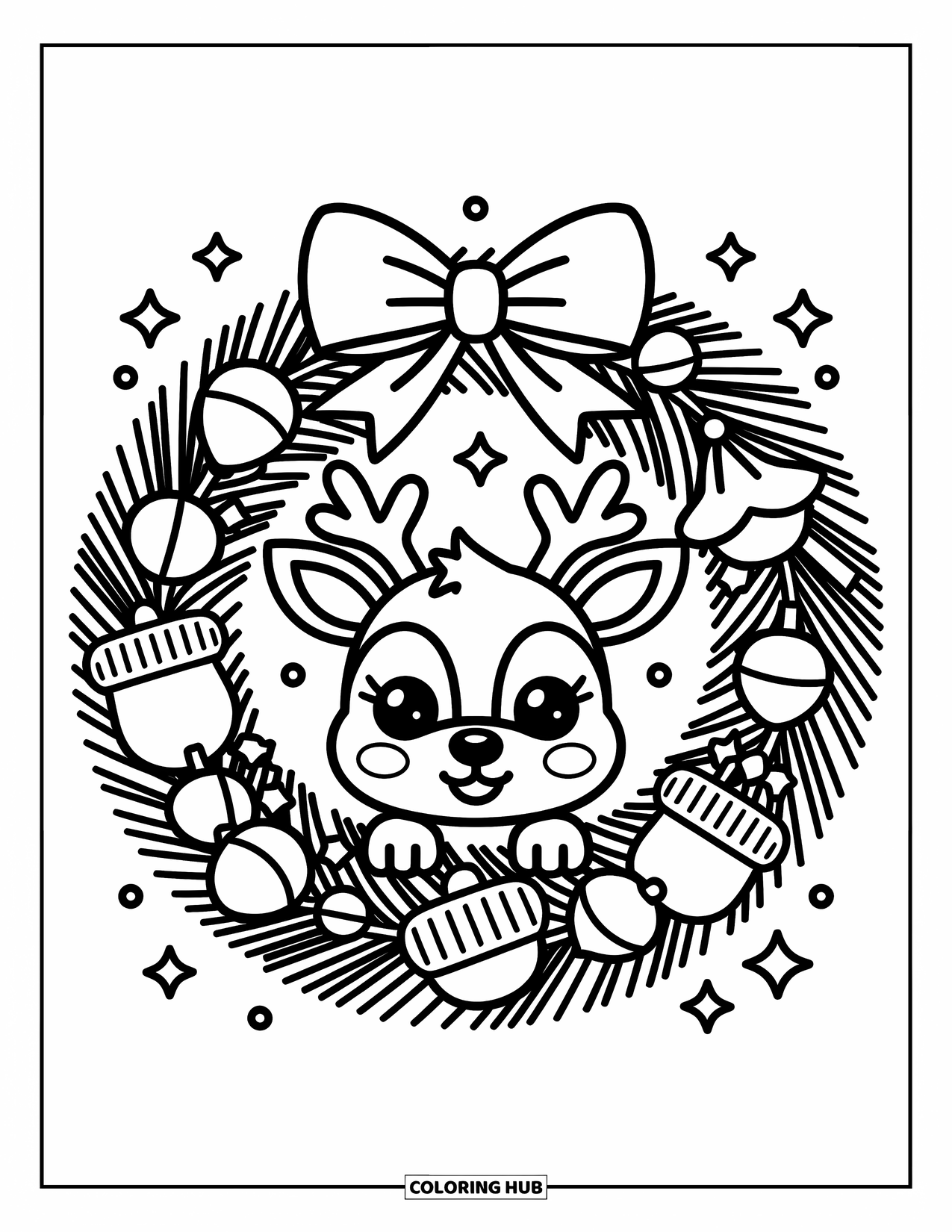 Reindeer Coloring Page for Adults: A curious reindeer peeks through a wreath with acorns, mittens, and floating stars