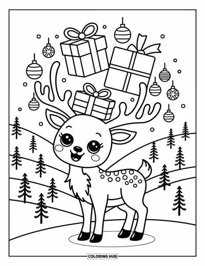 Coloriage de rennes pour adultes : Un renne festif exhibe ses bois couverts de cadeaux emballés et de décorations