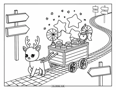 Coloriage de rennes pour adultes : Un charmant renne tire un traîneau rempli de créations artisanales dans une ruelle pavée animée