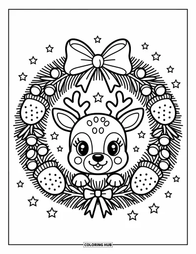 Coloriage de rennes pour adultes : Un adorable renne regarde depuis une couronne de Noël avec de petites étoiles flottantes