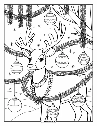 Coloriage de rennes pour adultes : Un renne joyeux orné de guirlandes se tient près de couronnes, d'étoiles et d'arbres enneigés