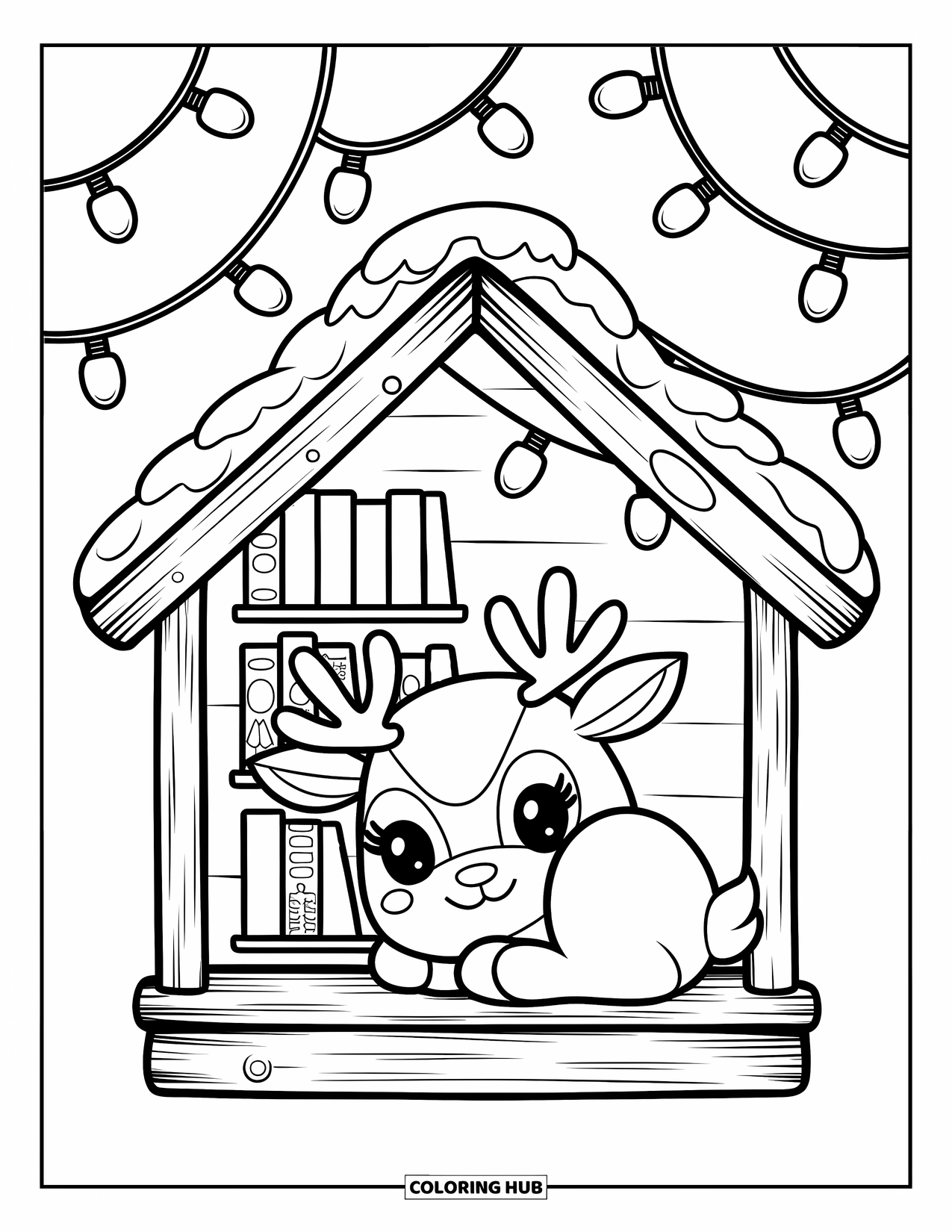 Reindeer Coloring Page for Adults: Cozy reindeer naps under a treehouse platform glowing with warm fairy lights