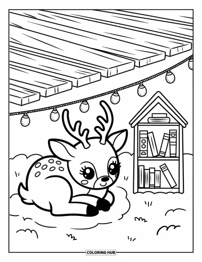 Coloriage de rennes pour adultes : Un renne tout doux se repose sous une cabane dans les arbres illuminée par des guirlandes et des petits livres