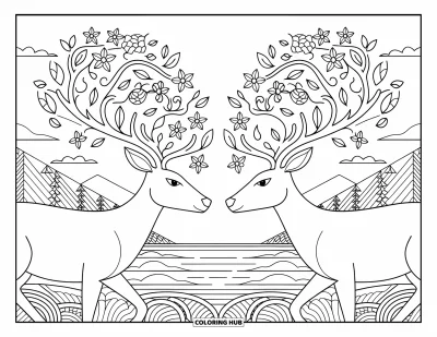 Coloriage de rennes pour adultes : Deux rennes face à face aux bois floraux se tiennent près de l'eau, des arbres et des montagnes