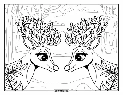 Coloriage de rennes pour adultes : Des rennes aux bois floraux se rencontrent dans une forêt tranquille parsemée d'arbres et de nuages