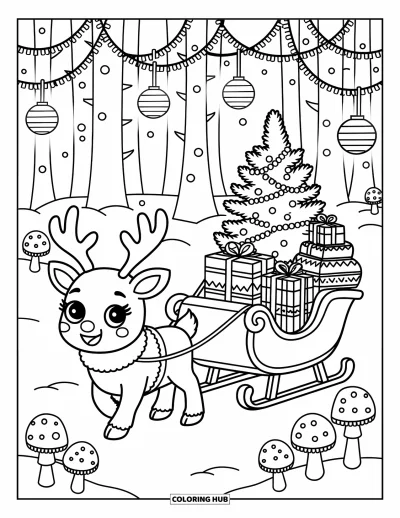 Coloriage de rennes pour adultes : Dans une forêt enneigée, un renne tire un traîneau rempli de cadeaux et de champignons lumineux