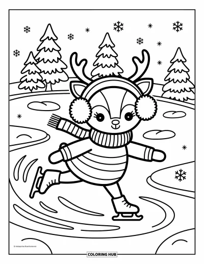 Coloriage de rennes pour adultes : Dans un parc enneigé, un renne patine avec grâce en laissant des arabesques dans la neige
