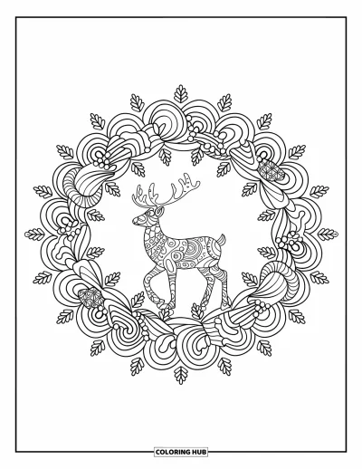 Coloriage de rennes pour adultes : Une couronne complexe entoure un renne serein parmi des pommes de pin et des arabesques