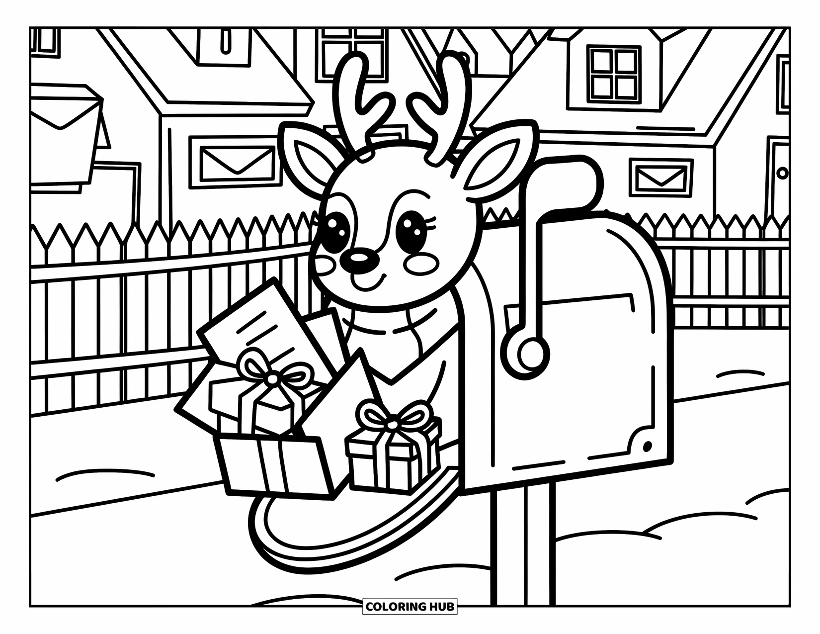 Reindeer Coloring Page for Adults: Mail-filled mailbox surprises with a peeking reindeer in a snowy village scene