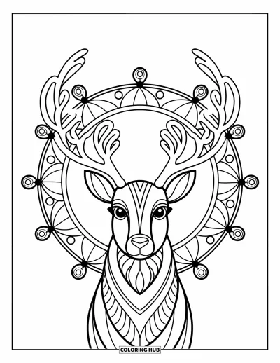 Coloriage de rennes pour adultes : Un renne style mandala se dresse fièrement avec des bois tourbillonnants et des motifs circulaires
