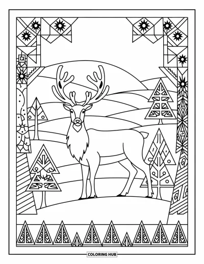 Coloriage de rennes pour adultes : Un renne d'inspiration nordique se tient dans une forêt enneigée avec des troncs d'arbres à motifs