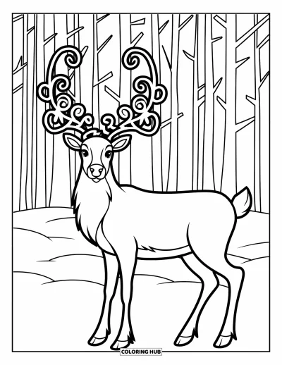 Coloriage de rennes pour adultes : Un renne aux bois ornementaux se tient dans des bois enneigés parmi de grands arbres silencieux