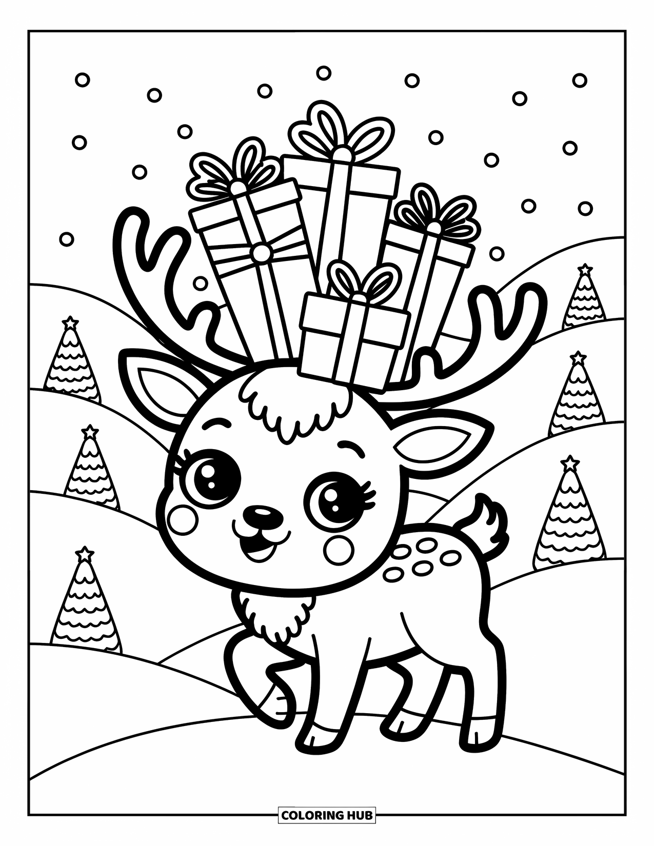 Reindeer Coloring Page for Adults: Playful reindeer stands on snowy hills balancing gifts on its decorated antlers