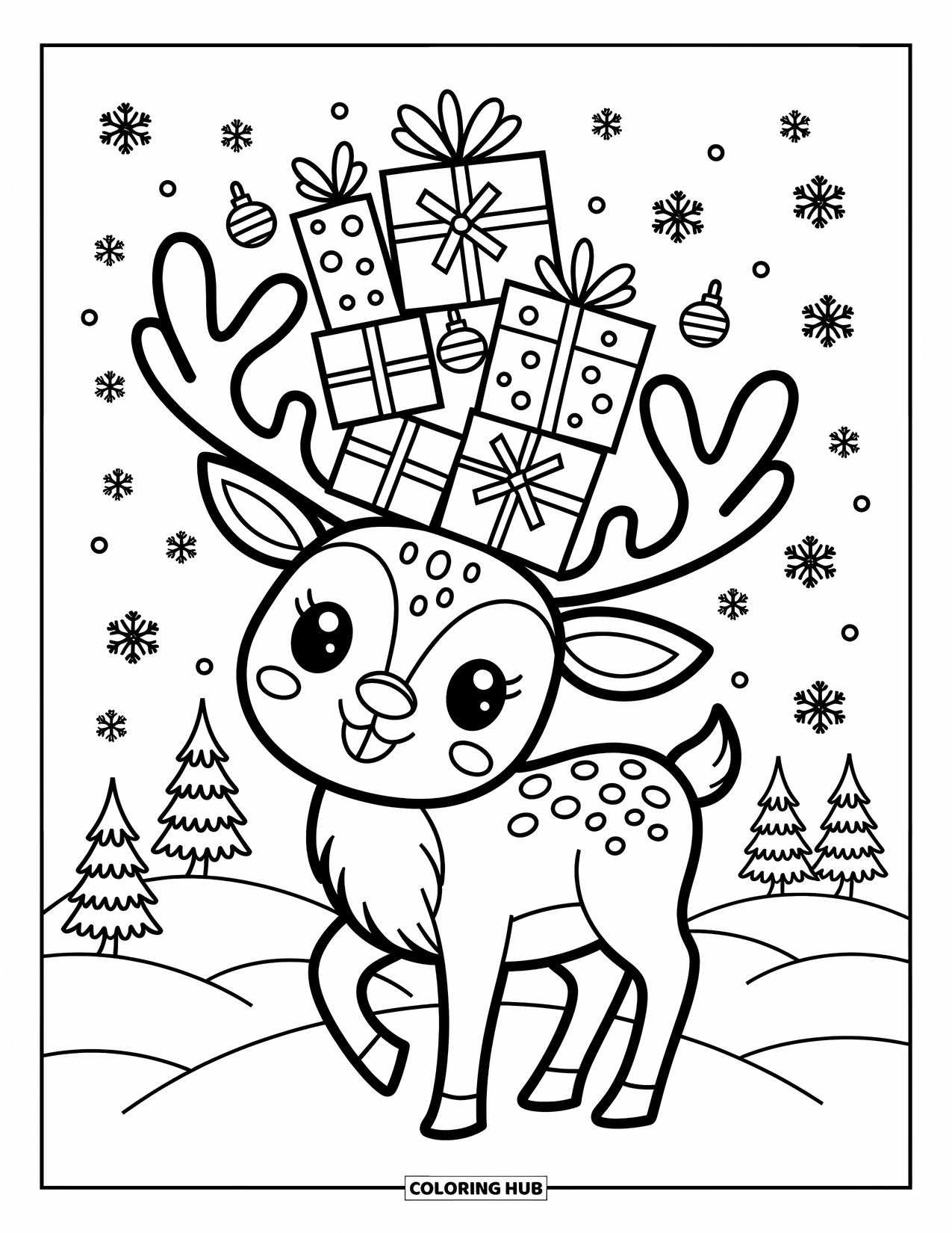 Reindeer Coloring Page for Adults: Reindeer balances gift-wrapped presents on its antlers like a Christmas tree