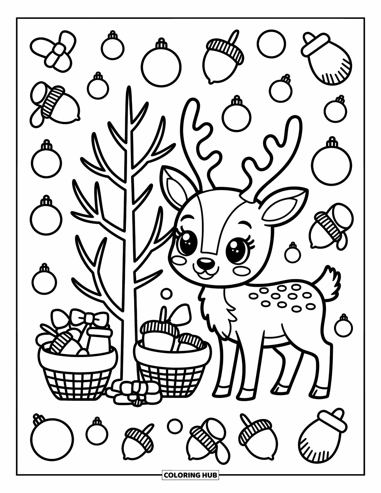 Reindeer Coloring Page for Adults: Reindeer decorates a small tree with oversized baubles and mitten-filled baskets nearby