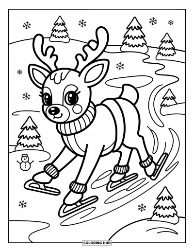 Coloriage de rennes pour adultes : Un renne glisse sur la glace enneigée avec une écharpe, entouré de flocons et d'arbres