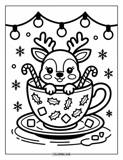 Coloriage de rennes pour adultes : Un renne dans une tasse à thé festive sourit pendant que des flocons et des lumières l'entourent
