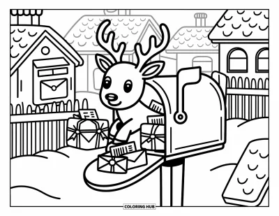 Coloriage de rennes pour adultes : Un renne dans une boîte aux lettres passe la tête joyeusement parmi des lettres, des nœuds et des toits enneigés