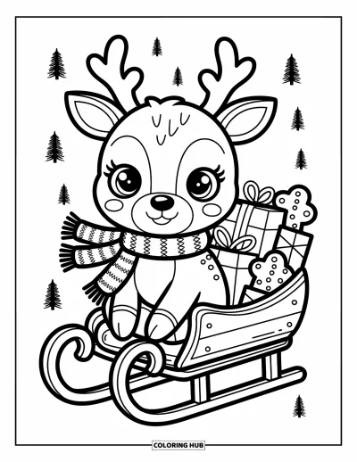 Coloriage de rennes pour adultes : Un renne avec une écharpe à motifs chevauche un traîneau plein de cadeaux, de grelots et de biscuits