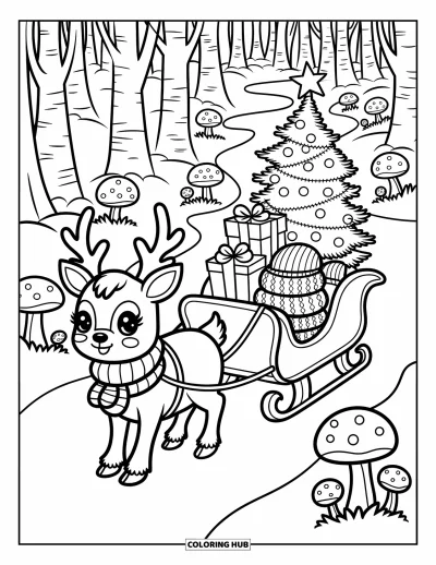 Coloriage de rennes pour adultes : Un renne tire un traîneau avec un petit arbre, des pulls et des lanternes lumineuses dans la forêt