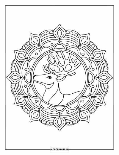 Coloriage de rennes pour adultes : Un renne est assis au centre d'un mandala rempli de motifs et de lignes élégantes