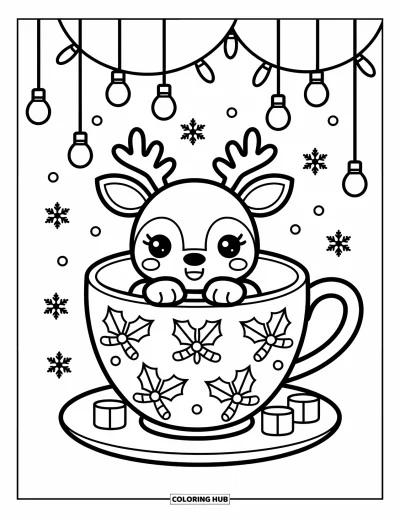 Coloriage de rennes pour adultes : Un renne lové dans une tasse à thé décorée avec des guimauves, du houx et des cannes en sucre d'orge