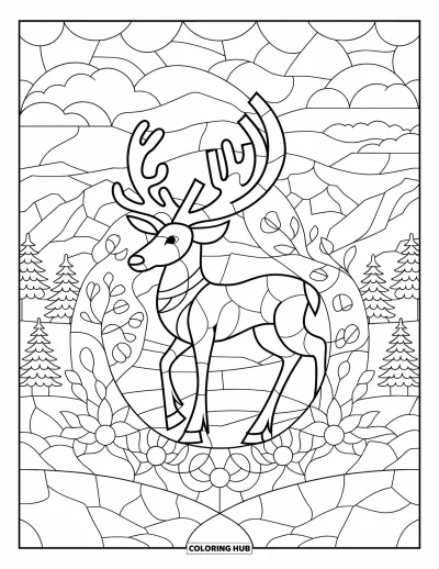 Coloriage de rennes pour adultes : Un renne se tient sur une colline entouré de flocons et de branches style vitrail