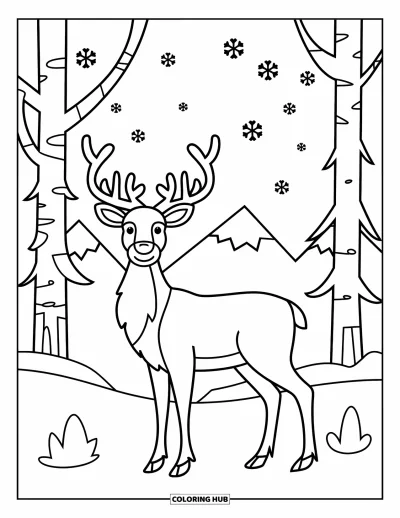 Coloriage de rennes pour adultes : Un renne se tient fièrement parmi des arbres nordiques avec des branches enneigées et des vues sur les montagnes