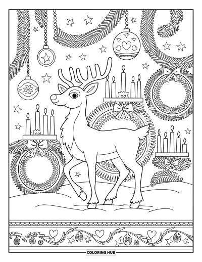 Coloriage de rennes pour adultes : Un renne entouré d'étoiles et de guirlandes se tient dans une pièce hivernale décorée