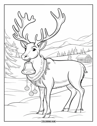 Coloriage de rennes pour adultes : Un renne avec un collier à grelots se tient dans la neige sous des décorations et des guirlandes suspendues