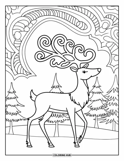 Coloriage de rennes pour adultes : Un renne aux bois artistiques se tient dans une forêt enneigée aux motifs élaborés