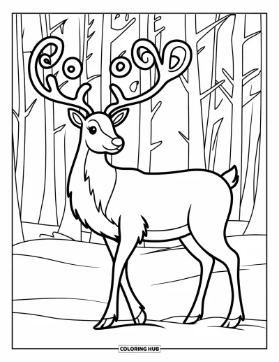 Coloriage de rennes pour adultes : Un renne avec une couronne de bois tourbillonnants se dresse dans une forêt enneigée