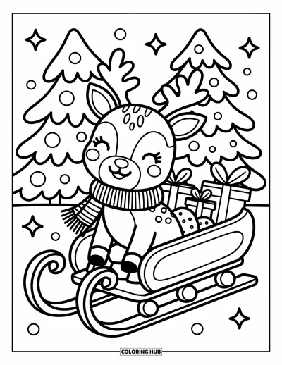 Coloriage de rennes pour adultes : Un renne souriant se repose sur un traîneau chargé de cadeaux et de biscuits au pain d'épice