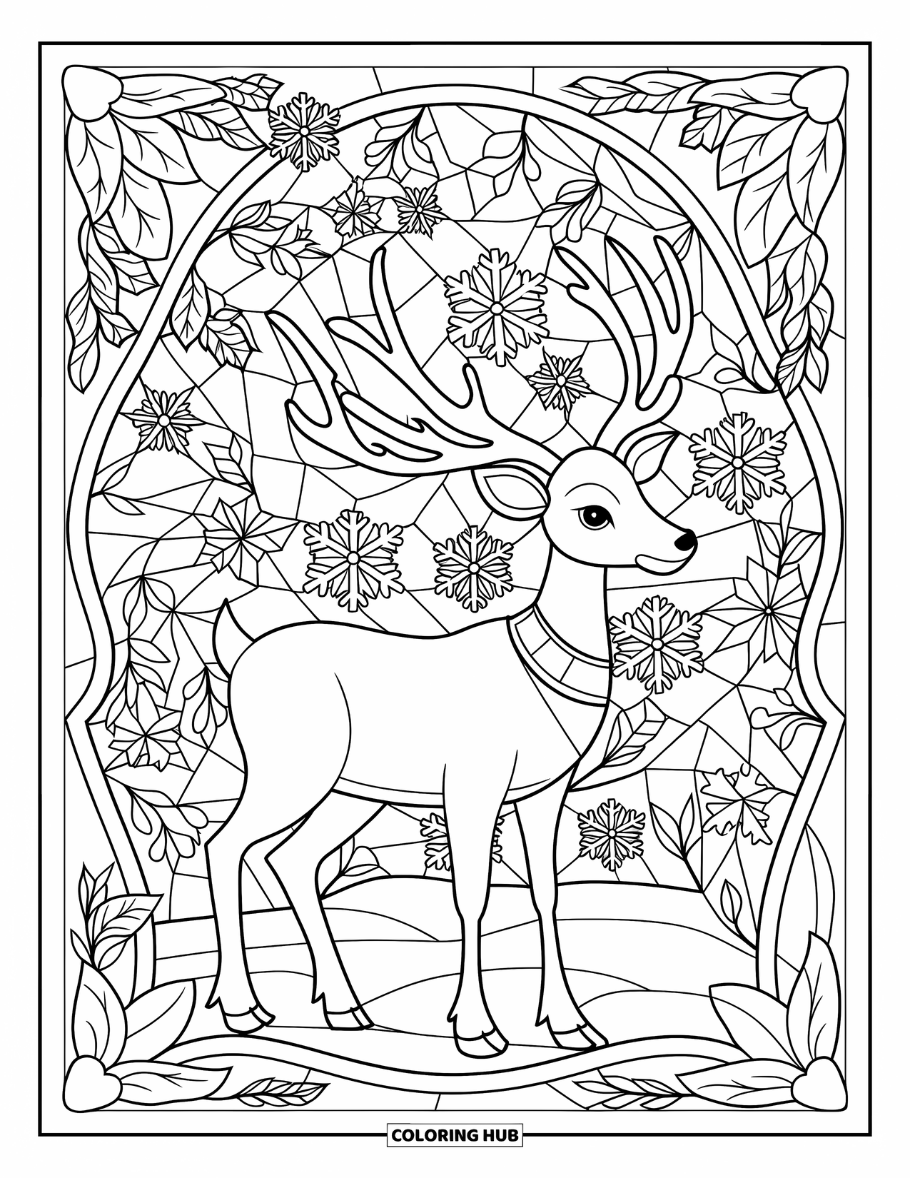 Reindeer Coloring Page for Adults: Stained-glass reindeer stands in a floral snowflake scene with bold winter designs